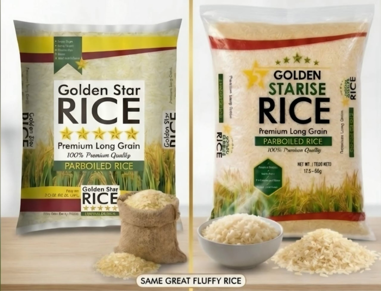 Before-and-after packaging visual comparing Golden Star Rice with the Golden Starise rice identity